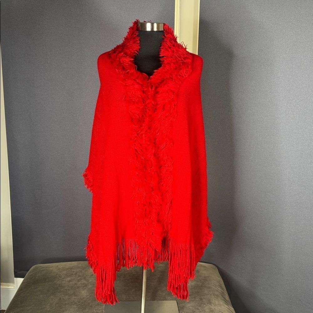 Women’s Simply Noelle Christmas Red Fringe Shawl Wrap One Size NEW